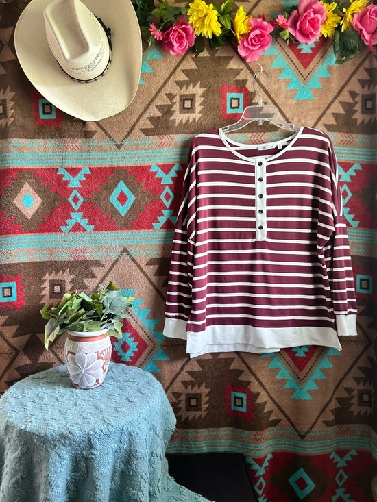 Notations Tops - Notations Burgundy and White Striped Henley Long Sleeve Top